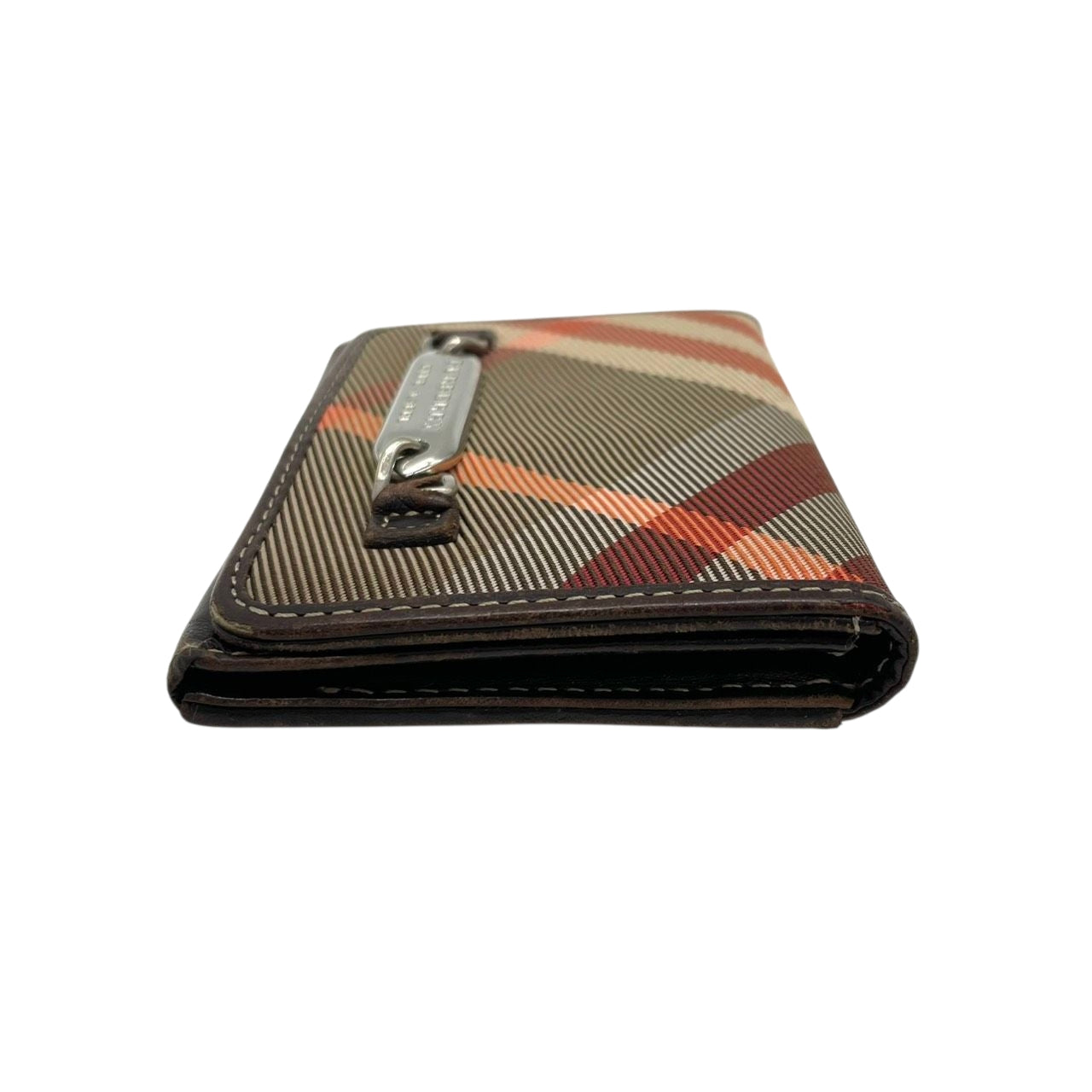 BURBERRY BLUE LABEL バーバリーブルーレーベル 三つ折り財布 コンパクトウォレット チェック柄 プレートロゴ シルバー金具 ナイロン レザー ブラウン マルチカラー レディース クラシック m2