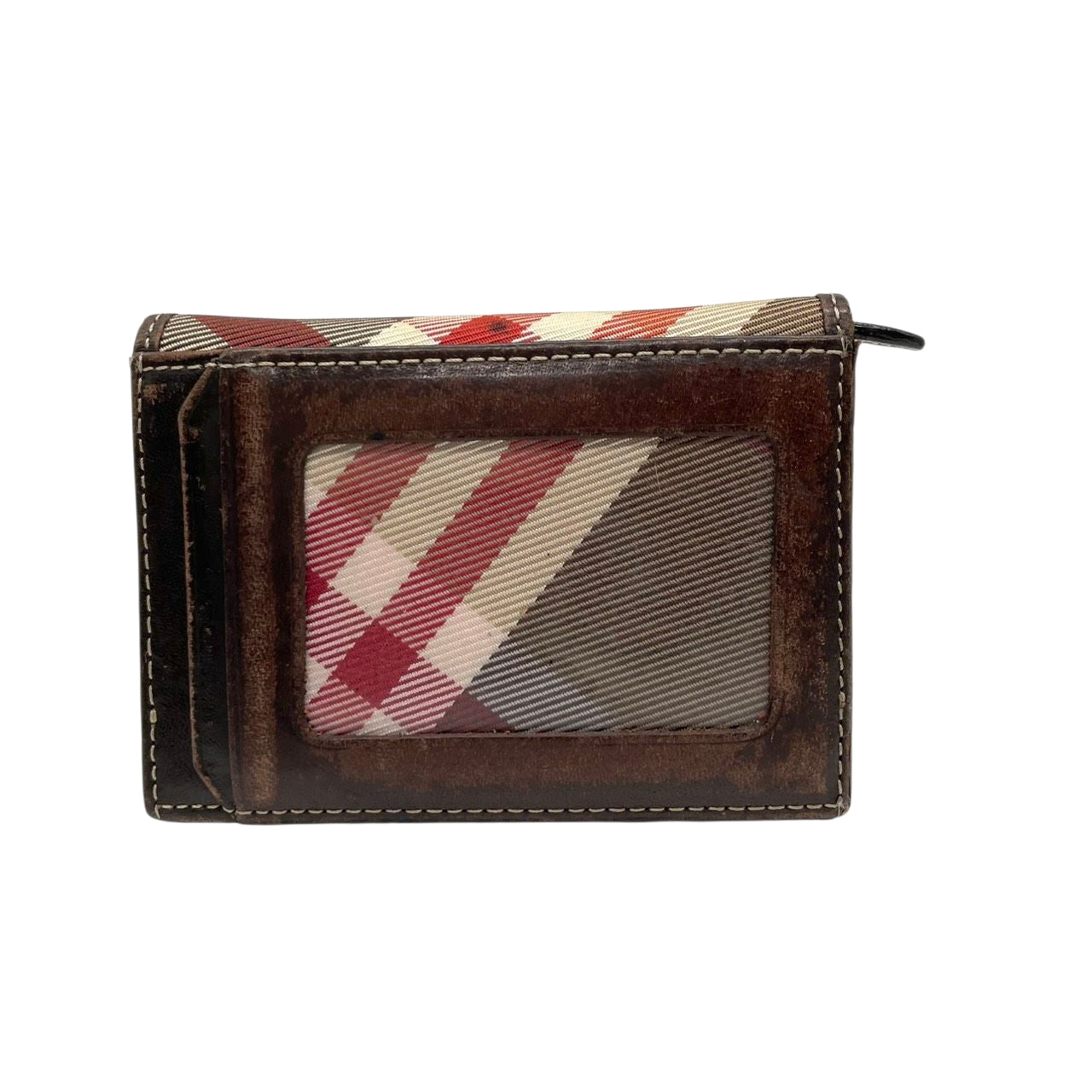 BURBERRY BLUE LABEL バーバリーブルーレーベル 三つ折り財布 コンパクトウォレット チェック柄 プレートロゴ シルバー金具 ナイロン レザー ブラウン マルチカラー レディース クラシック m2