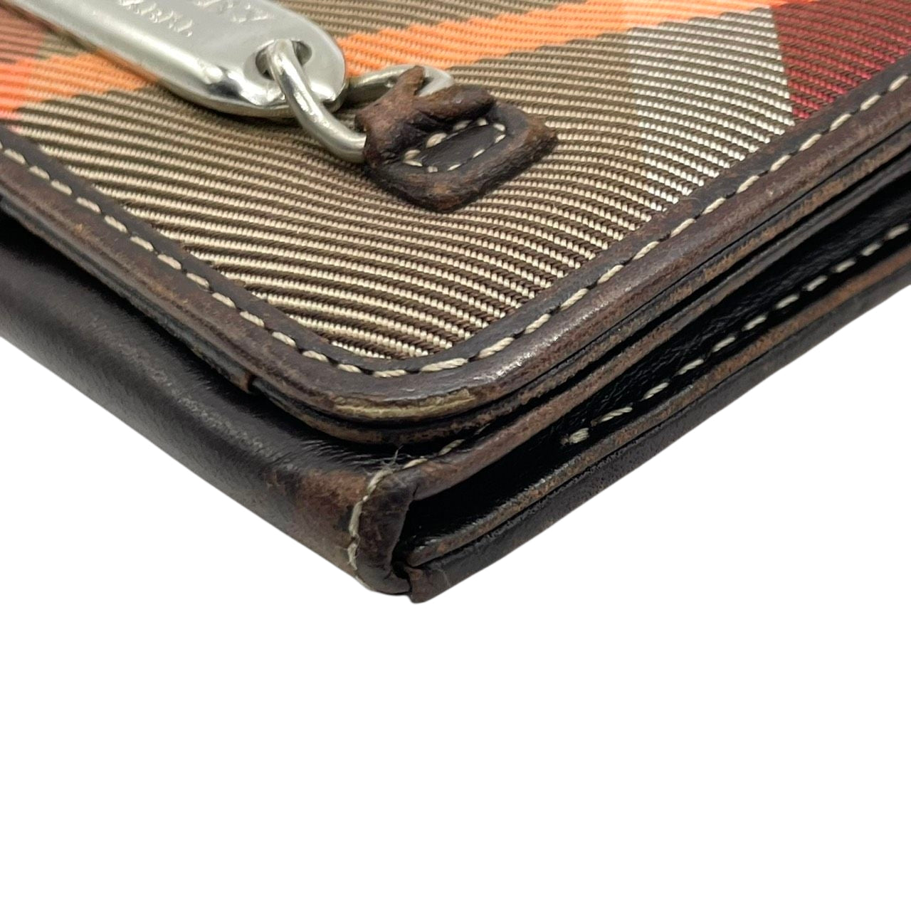 BURBERRY BLUE LABEL バーバリーブルーレーベル 三つ折り財布 コンパクトウォレット チェック柄 プレートロゴ シルバー金具 ナイロン レザー ブラウン マルチカラー レディース クラシック m2