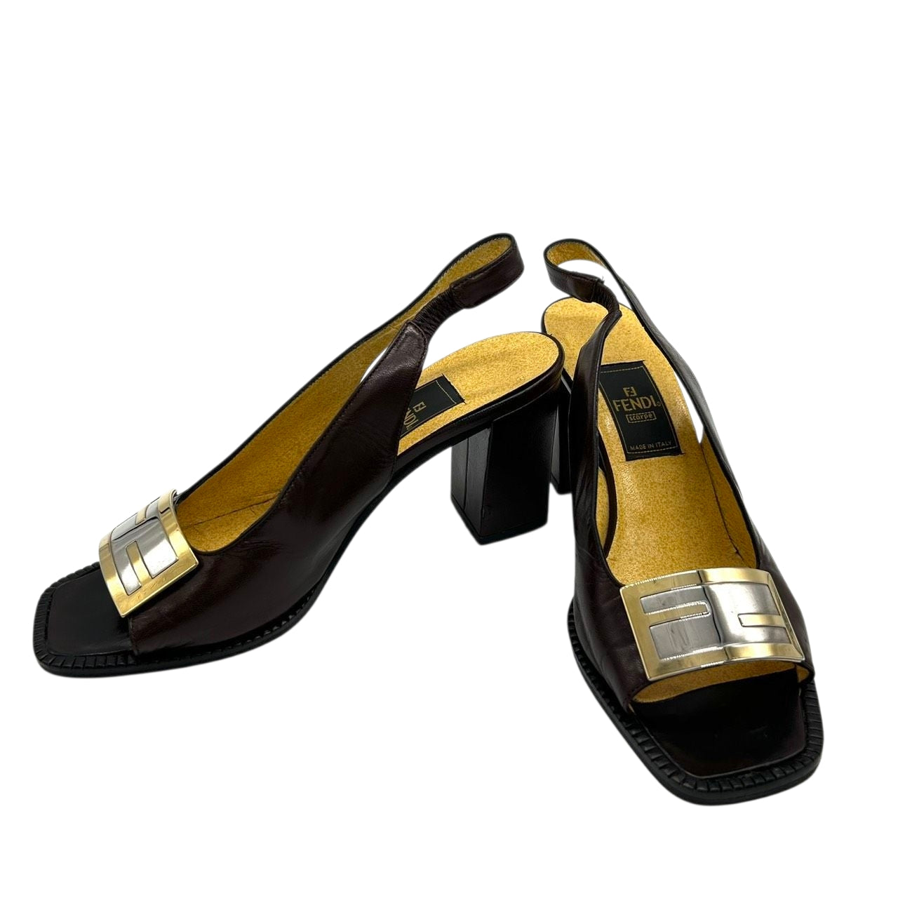 フェンディ FENDI サンダル ミュール ズッカ FFロゴ バックストラップ スクエアトゥ レザー 本革 ダークブラウン ゴールド シルバー 36 23cm イタリア製 ハイヒール エレガント ラグジュアリー ヴィンテージ CT1