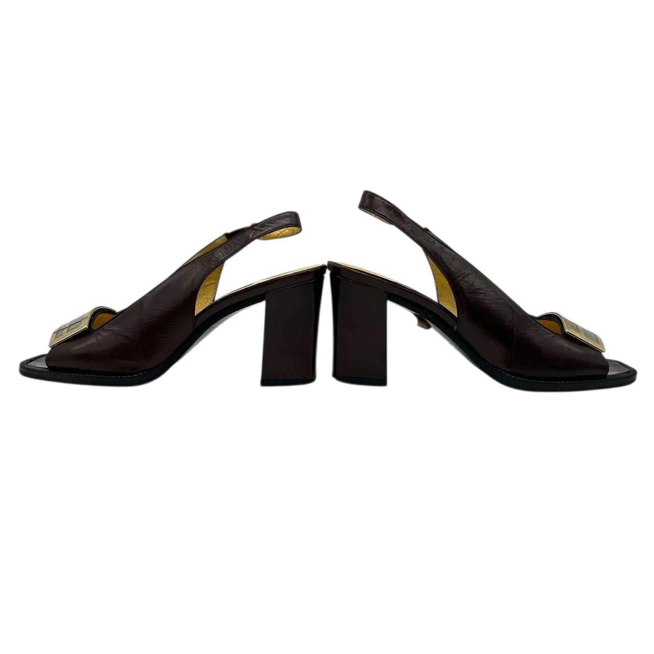 フェンディ FENDI サンダル ミュール ズッカ FFロゴ バックストラップ スクエアトゥ レザー 本革 ダークブラウン ゴールド シルバー 36 23cm イタリア製 ハイヒール エレガント ラグジュアリー ヴィンテージ CT1