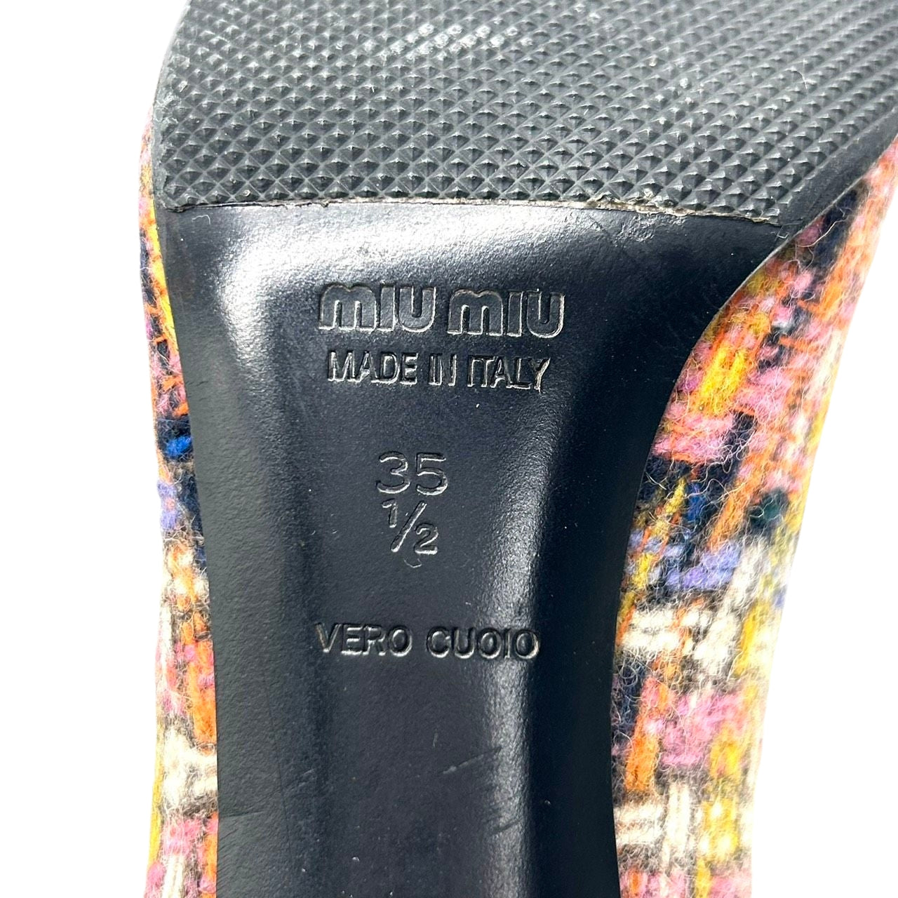 ミュウミュウ MIU MIU パンプス ポインテッドトゥ ツイード フラワーモチーフ 花飾り レザー マルチカラー ボルドー 35 1/2 22.5cm イタリア製 ハイヒール エレガント フェミニン パーティ ドレスシューズ レディース CT1