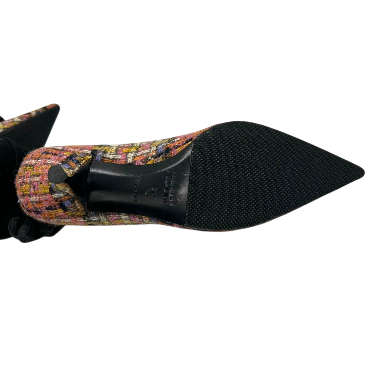 ミュウミュウ MIU MIU パンプス ポインテッドトゥ ツイード フラワーモチーフ 花飾り レザー マルチカラー ボルドー 35 1/2 22.5cm イタリア製 ハイヒール エレガント フェミニン パーティ ドレスシューズ レディース CT1