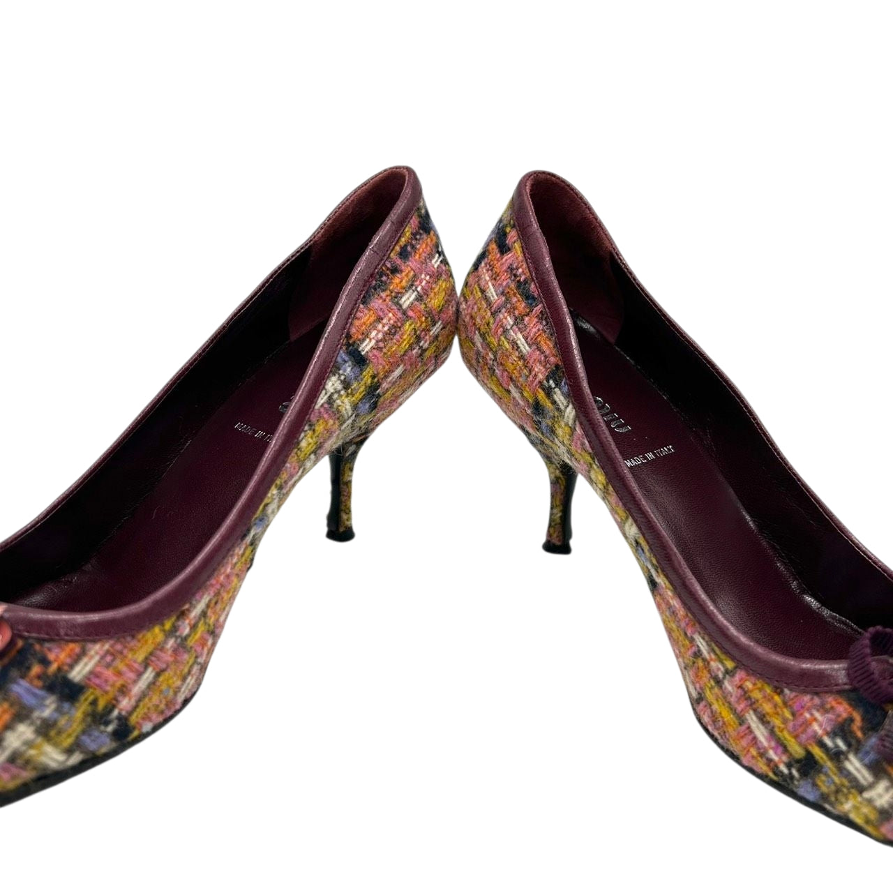 ミュウミュウ MIU MIU パンプス ポインテッドトゥ ツイード フラワーモチーフ 花飾り レザー マルチカラー ボルドー 35 1/2 22.5cm イタリア製 ハイヒール エレガント フェミニン パーティ ドレスシューズ レディース CT1