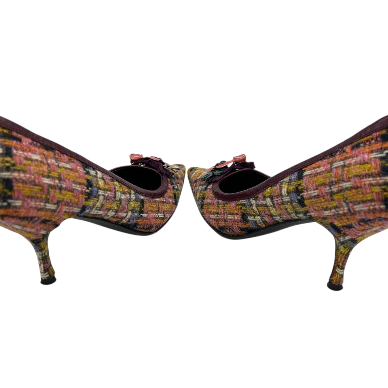 ミュウミュウ MIU MIU パンプス ポインテッドトゥ ツイード フラワーモチーフ 花飾り レザー マルチカラー ボルドー 35 1/2 22.5cm イタリア製 ハイヒール エレガント フェミニン パーティ ドレスシューズ レディース CT1