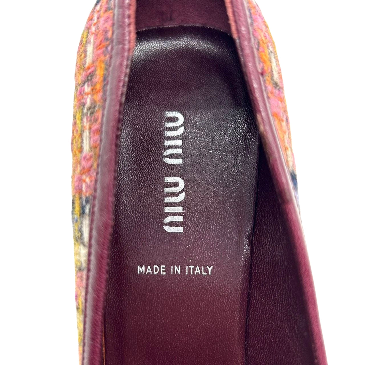 ミュウミュウ MIU MIU パンプス ポインテッドトゥ ツイード フラワーモチーフ 花飾り レザー マルチカラー ボルドー 35 1/2 22.5cm イタリア製 ハイヒール エレガント フェミニン パーティ ドレスシューズ レディース CT1