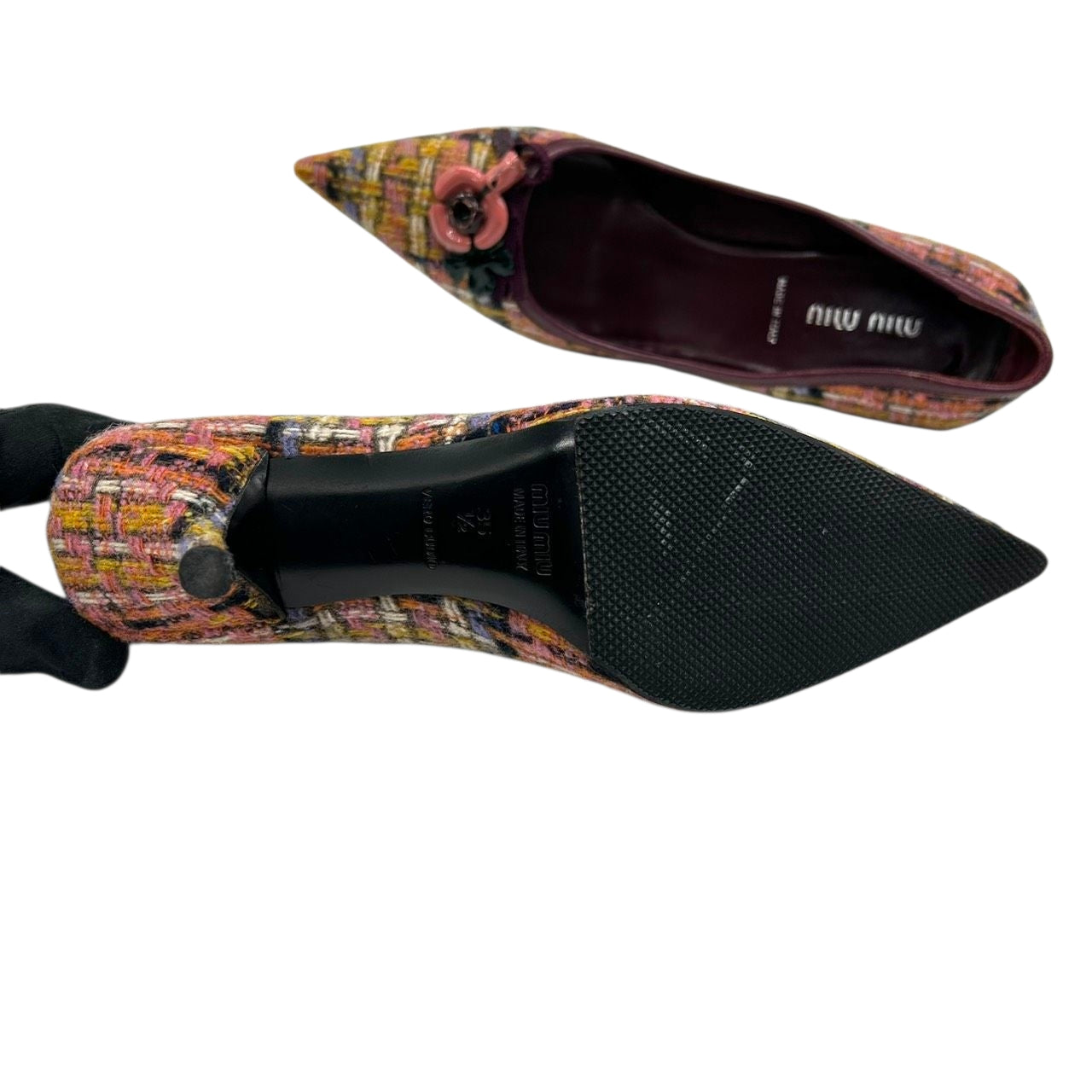 ミュウミュウ MIU MIU パンプス ポインテッドトゥ ツイード フラワーモチーフ 花飾り レザー マルチカラー ボルドー 35 1/2 22.5cm イタリア製 ハイヒール エレガント フェミニン パーティ ドレスシューズ レディース CT1