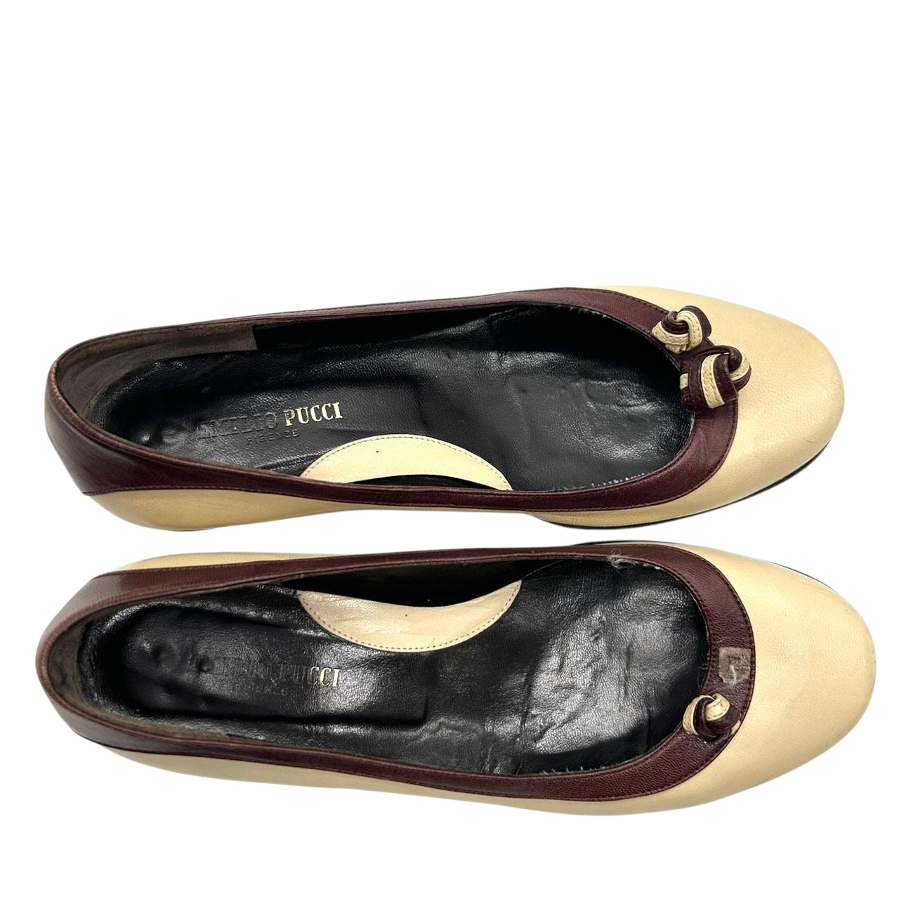 エミリオプッチ EMILIO PUCCI パンプス バレエシューズ ラウンドトゥ リボン レザー 本革 バイカラー ベージュ ボルドー 35 1/2 22.5cm イタリア製 ローヒール 歩きやすい レディース エレガント フェミニン CT1