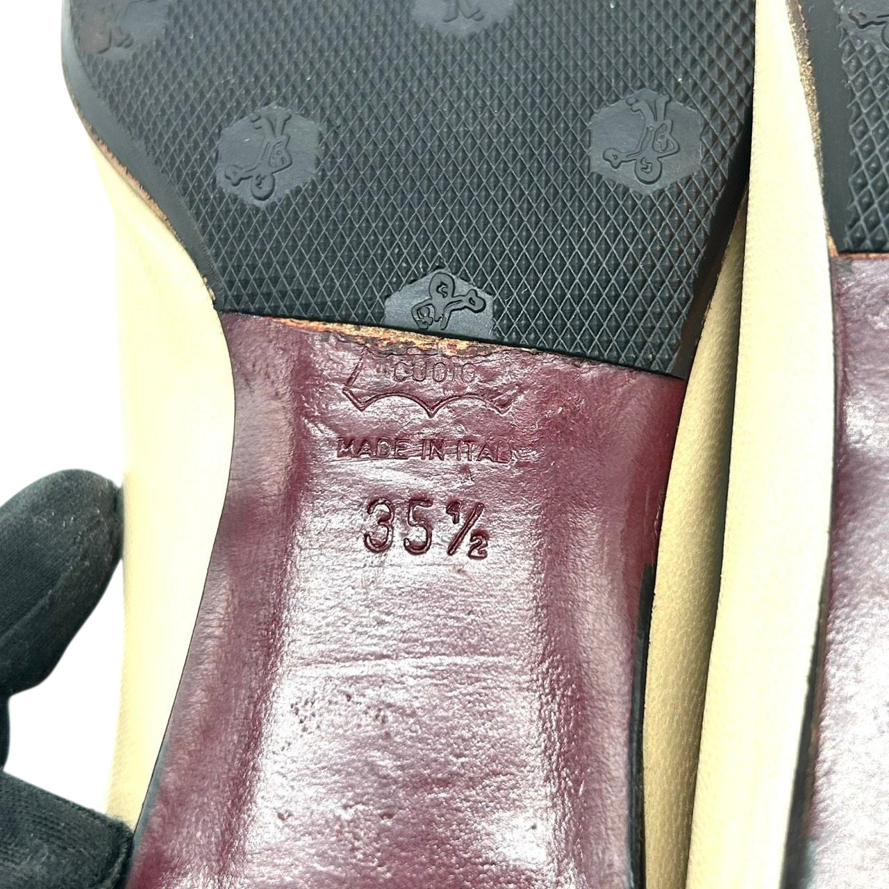 エミリオプッチ EMILIO PUCCI パンプス バレエシューズ ラウンドトゥ リボン レザー 本革 バイカラー ベージュ ボルドー 35 1/2 22.5cm イタリア製 ローヒール 歩きやすい レディース エレガント フェミニン CT1