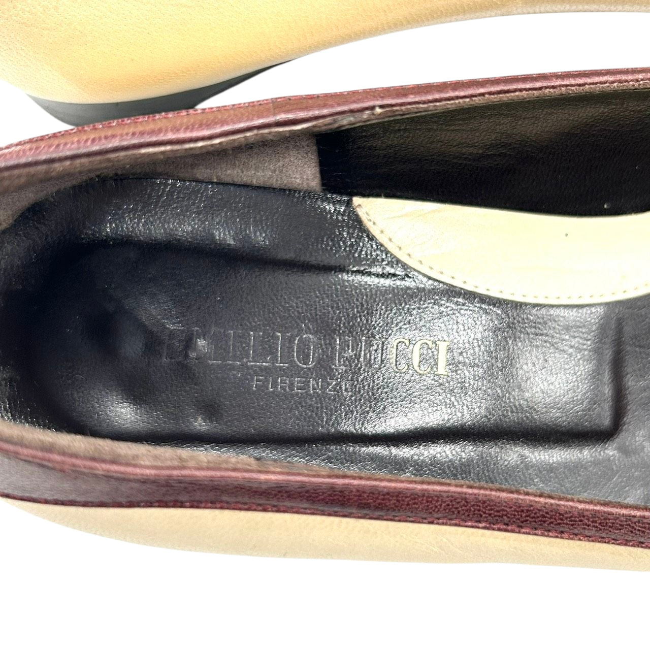 エミリオプッチ EMILIO PUCCI パンプス バレエシューズ ラウンドトゥ リボン レザー 本革 バイカラー ベージュ ボルドー 35 1/2 22.5cm イタリア製 ローヒール 歩きやすい レディース エレガント フェミニン CT1
