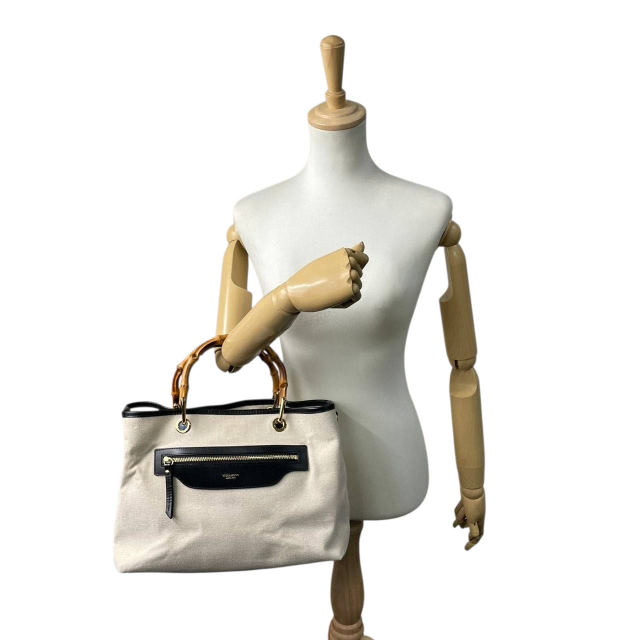 【美品/ストラップ新品】ヴィオラドーロ 2WAY トートバッグ バンブーハンドル ショルダーバッグ ハンドバッグ 肩掛け 斜め掛け可 A4 大容量 自立可 キャンバス レザー ベージュ ブラック レディース 婦人 通勤 オフィスエレガント 日本製 k13