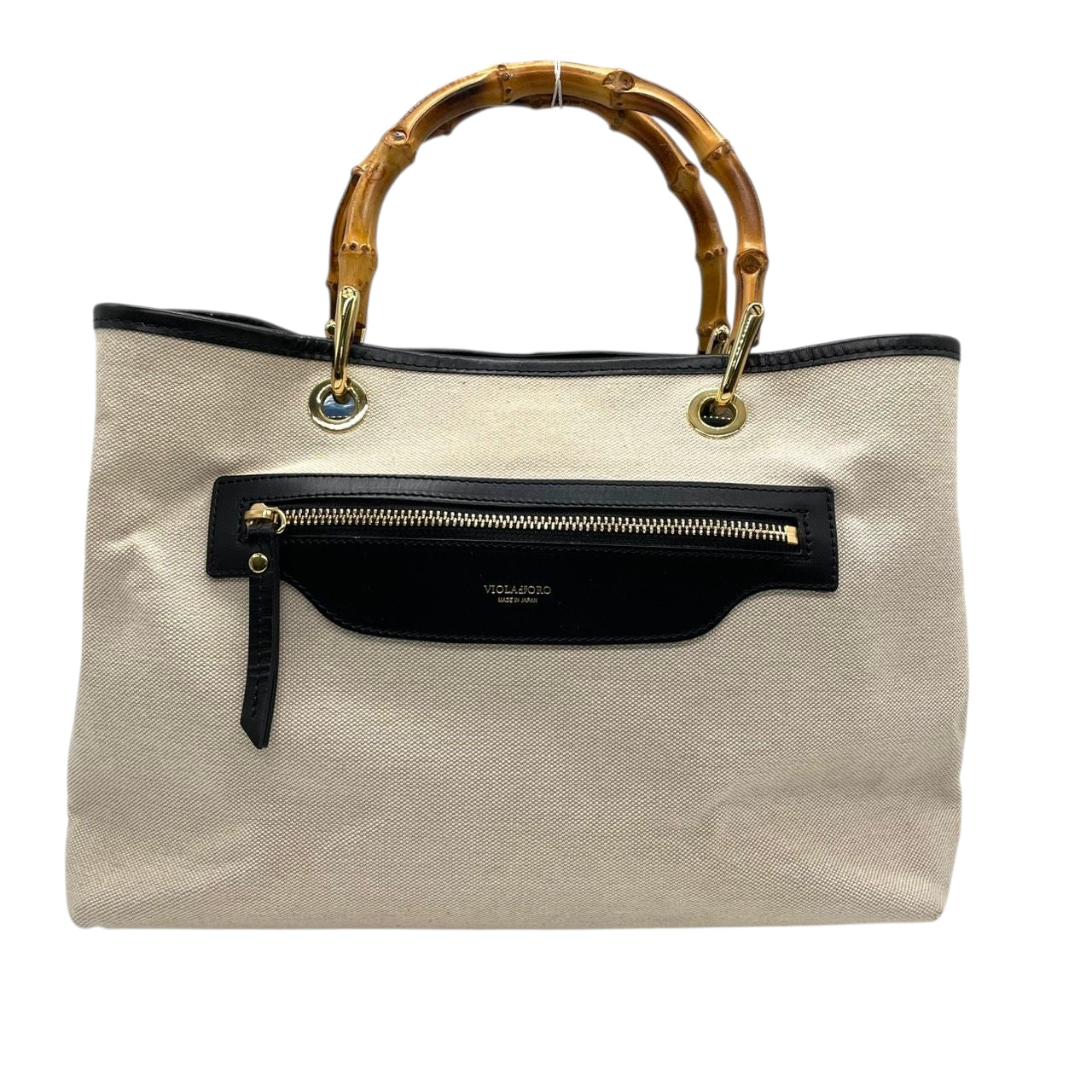 【美品/ストラップ新品】ヴィオラドーロ 2WAY トートバッグ バンブーハンドル ショルダーバッグ ハンドバッグ 肩掛け 斜め掛け可 A4 大容量 自立可 キャンバス レザー ベージュ ブラック レディース 婦人 通勤 オフィスエレガント 日本製 k13