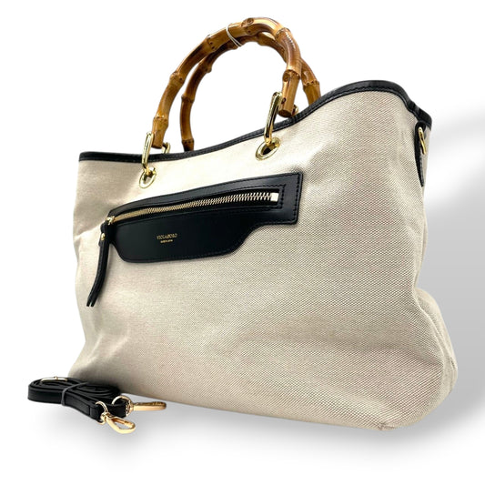 【美品/ストラップ新品】ヴィオラドーロ 2WAY トートバッグ バンブーハンドル ショルダーバッグ ハンドバッグ 肩掛け 斜め掛け可 A4 大容量 自立可 キャンバス レザー ベージュ ブラック レディース 婦人 通勤 オフィスエレガント 日本製 k13