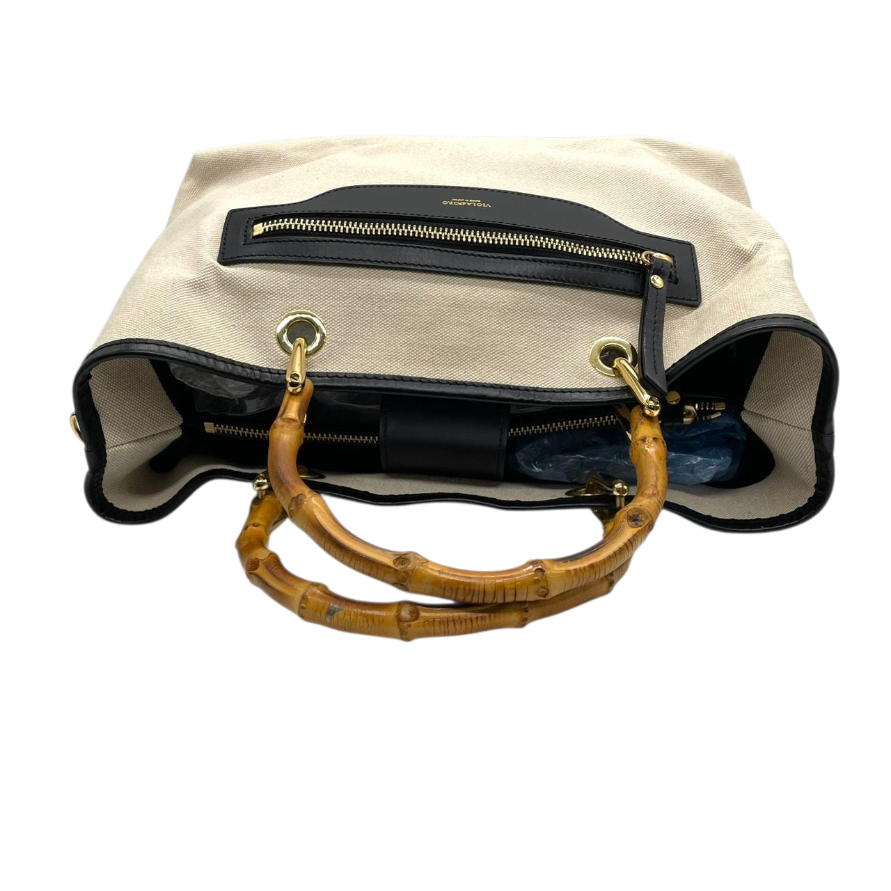【美品/ストラップ新品】ヴィオラドーロ 2WAY トートバッグ バンブーハンドル ショルダーバッグ ハンドバッグ 肩掛け 斜め掛け可 A4 大容量 自立可 キャンバス レザー ベージュ ブラック レディース 婦人 通勤 オフィスエレガント 日本製 k13