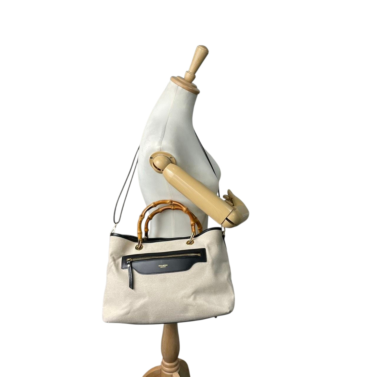 【美品/ストラップ新品】ヴィオラドーロ 2WAY トートバッグ バンブーハンドル ショルダーバッグ ハンドバッグ 肩掛け 斜め掛け可 A4 大容量 自立可 キャンバス レザー ベージュ ブラック レディース 婦人 通勤 オフィスエレガント 日本製 k13