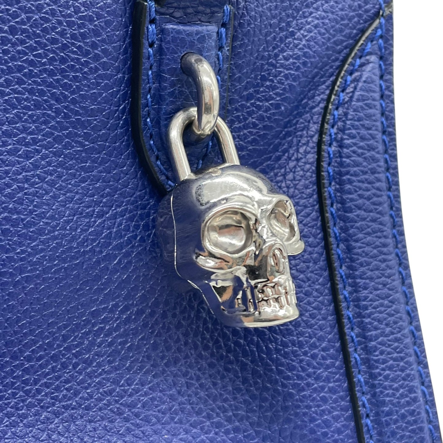 Authentic ALEXANDER McQUEEN 2WAY Handbag Shoulder Bag Skull Padlock Blue Leather Women's Crossbody