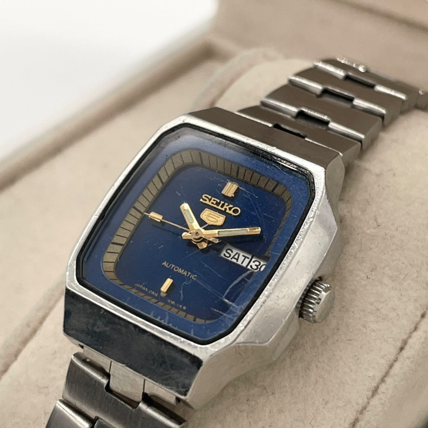 【稼働品】seiko セイコー 腕時計 2906-5250 レディース 自動巻き オートマチック ヴィンテージ アンティーク 青文字盤 デイデイト アナログ スクエア クラシック エレガント ドレスウォッチ ステンレス クリーニング済 G