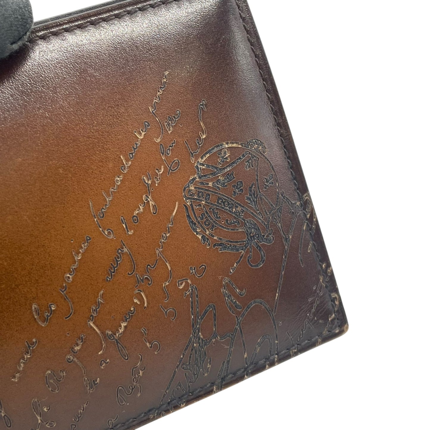 美品 BERLUTI ベルルッティ カリグラフィ マネークリップ 二つ折り フィギュア スクリットレザー コンパクトウォレット 茶 カカオ ブラウン メンズ スタンプ付き W2
