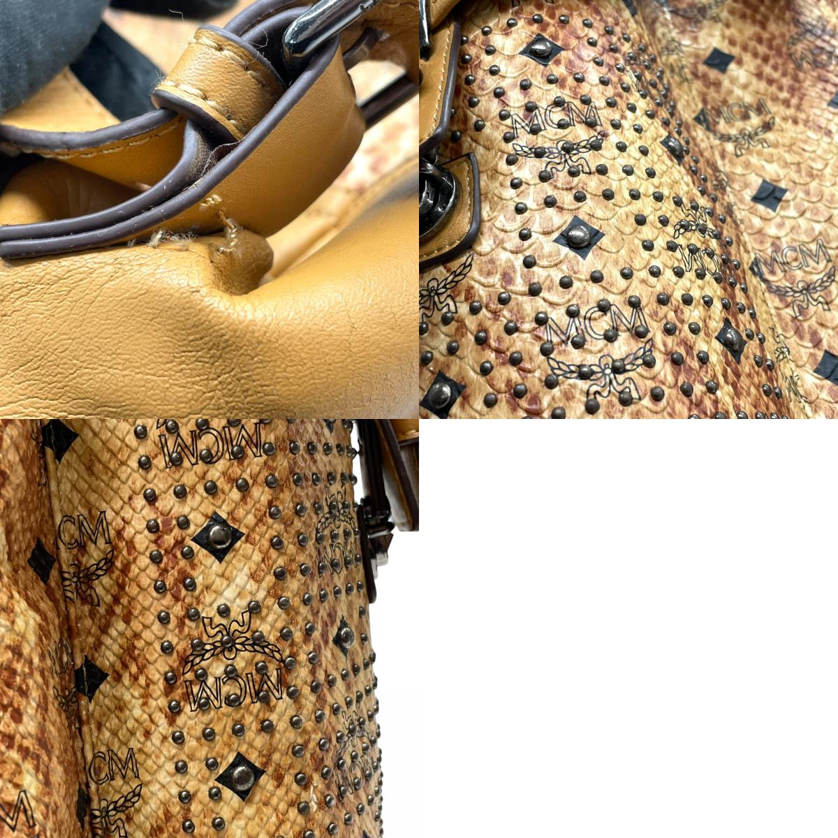 希少 MCM エムシーエム ヴィセトス ロゴグラム リュックサック バックパック 型押し スタッズ ダブルポケット 茶 ブラウン コニャック レザー ブラック金具 レディース R