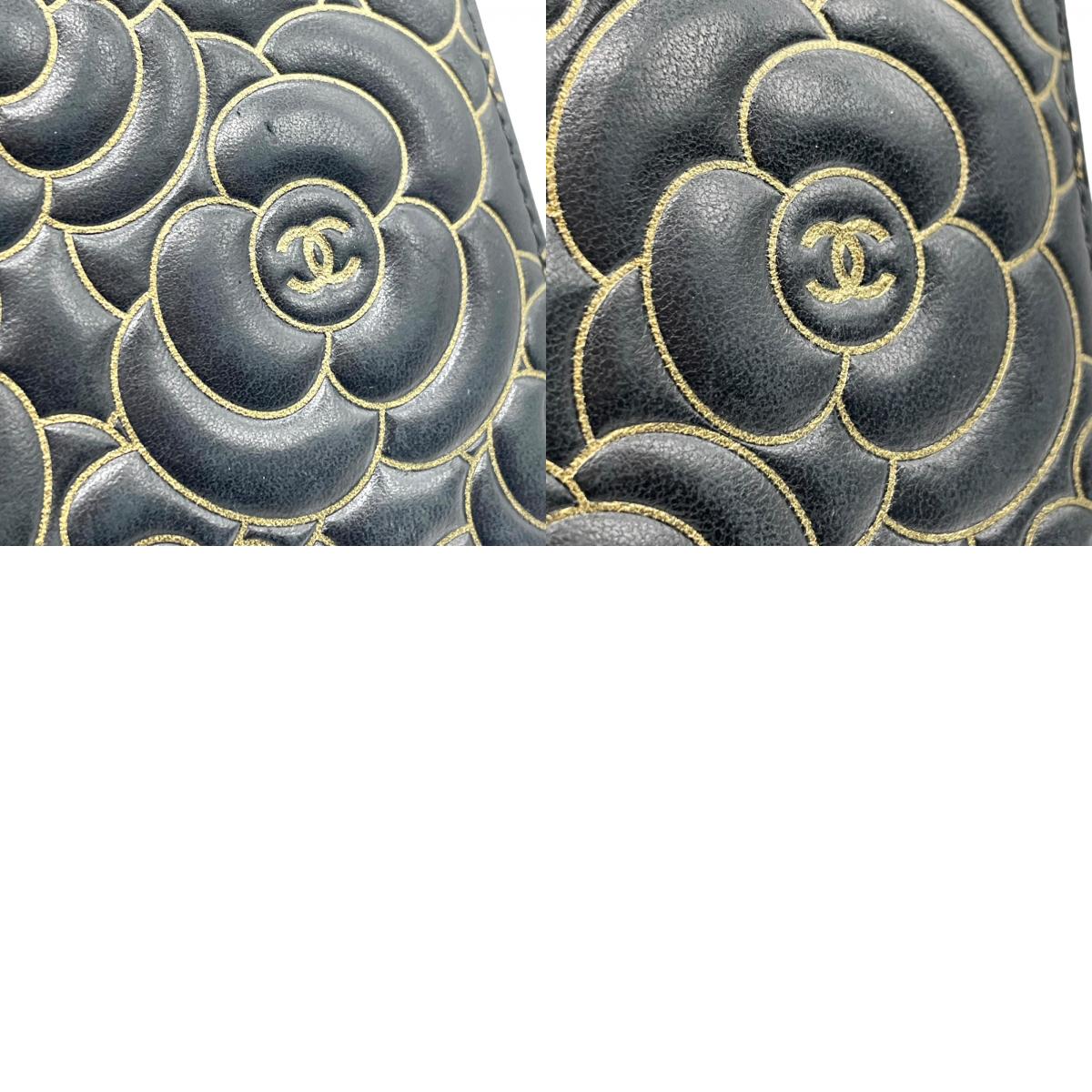 美品 シャネル CHANEL カメリア ラウンドファスナー 長財布 ブラック 黒 レザー 金 ゴールド金具 ココマーク 型押し ウォレット W6