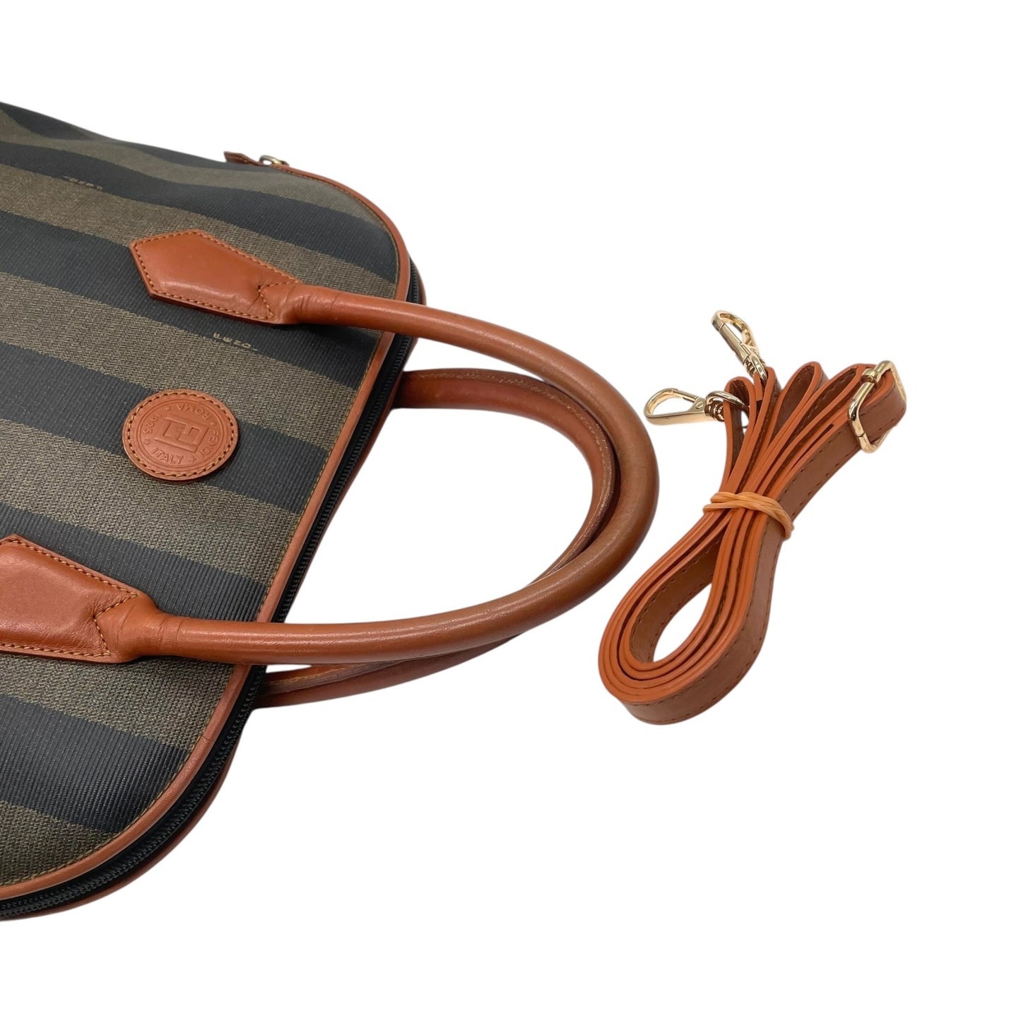 フェンディ FENDI ペカン柄 ボストンバッグ PVC レザー 茶色 カーキ ブラウン ストライプ ハンドバッグ ヴィンテージ B