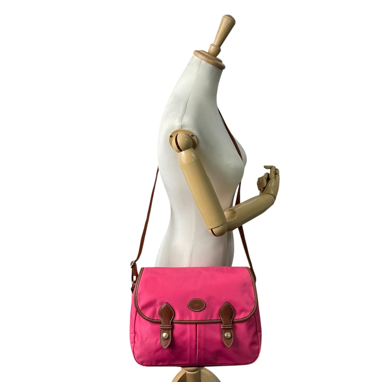 ロンシャン LONGCHAMP ナイロン ショルダーバッグ ピンク ブラウン 茶色 レザー ツインポケット メッセンジャーバッグ ゴールド金具 レディース U2