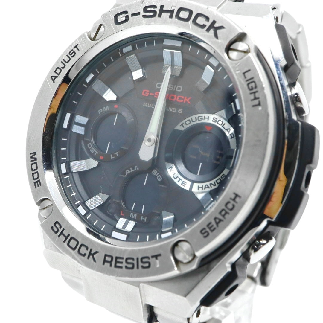 美品 CASIO カシオ G-SHOCK Gスチール GST-W110D ソーラー電波 シルバー メタル フルメタル 腕時計 メンズ クロノグラフ ワールドタイム アラーム タイマー LEDバックライト カシオ ジーショック CASIO GSTW110D G4