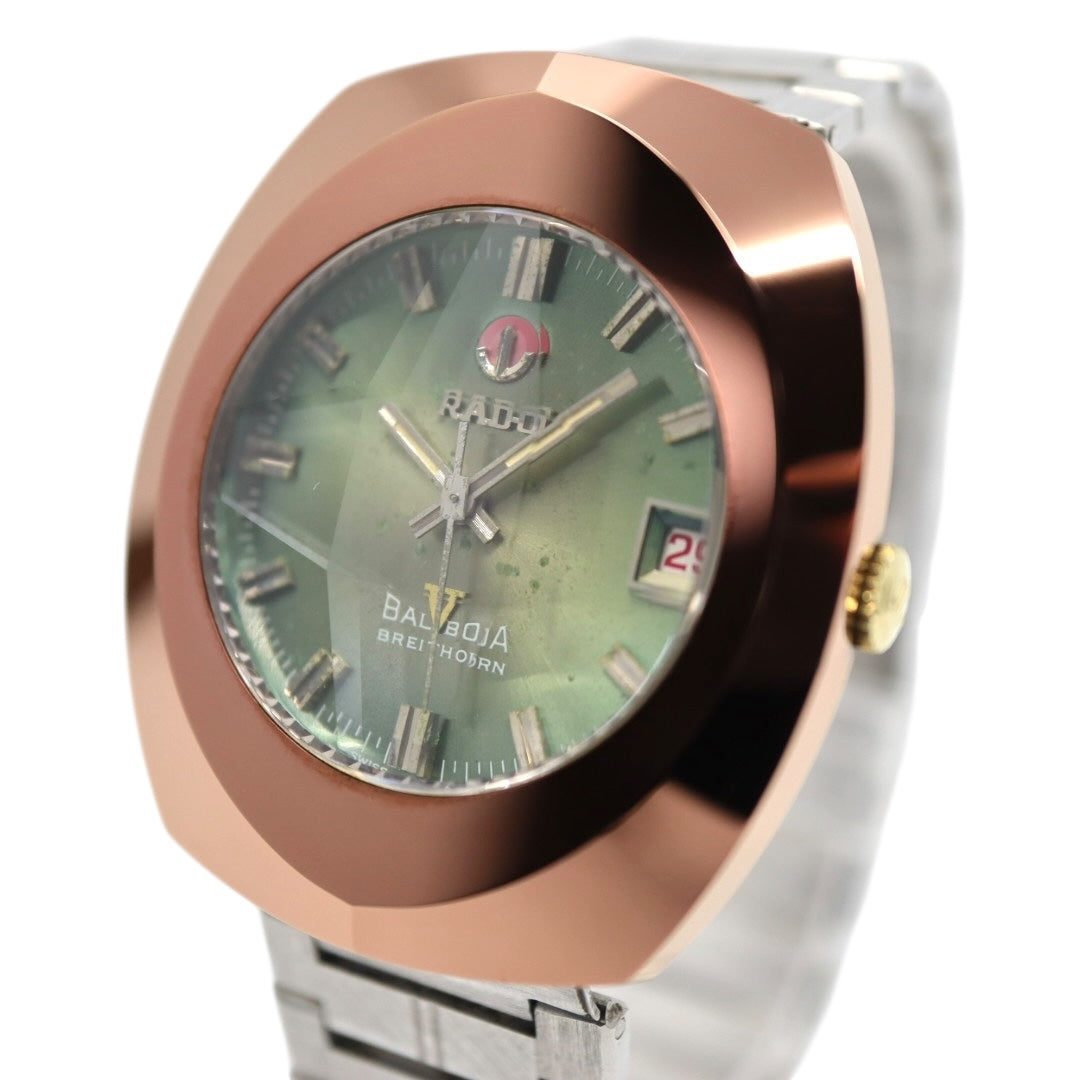 美品　ラドー　バルボア　腕時計　緑文字盤　カットガラス　ヴィンテージ　BREITHORN　ラウンド　自動巻　RADO　BALBOA　ブライトホルン　超硬ケース　アナログ　メンズ G4