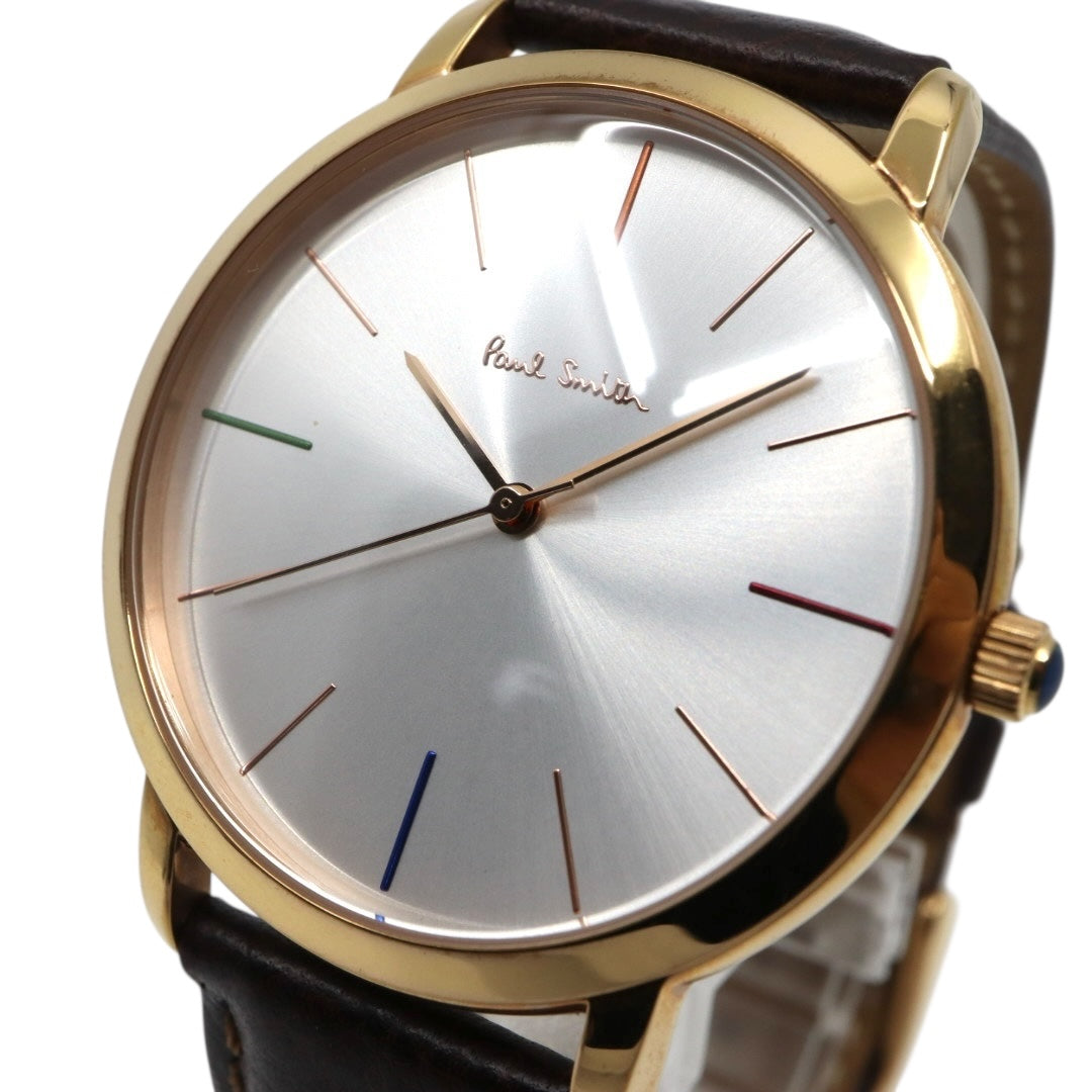 【美品】ポールスミス 腕時計 The City Slim 1005 メンズ クオーツ アナログ シルバーダイヤル ブラウンレザーベルト ゴールドケース シンプル クラシック ビジネス ドレスウォッチ エレガント 薄型 クリーニング済み G2