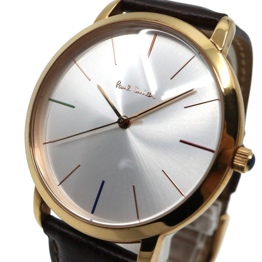 【美品】ポールスミス 腕時計 The City Slim 1005 メンズ クオーツ アナログ シルバーダイヤル ブラウンレザーベルト ゴールドケース シンプル クラシック ビジネス ドレスウォッチ エレガント 薄型 クリーニング済み G2