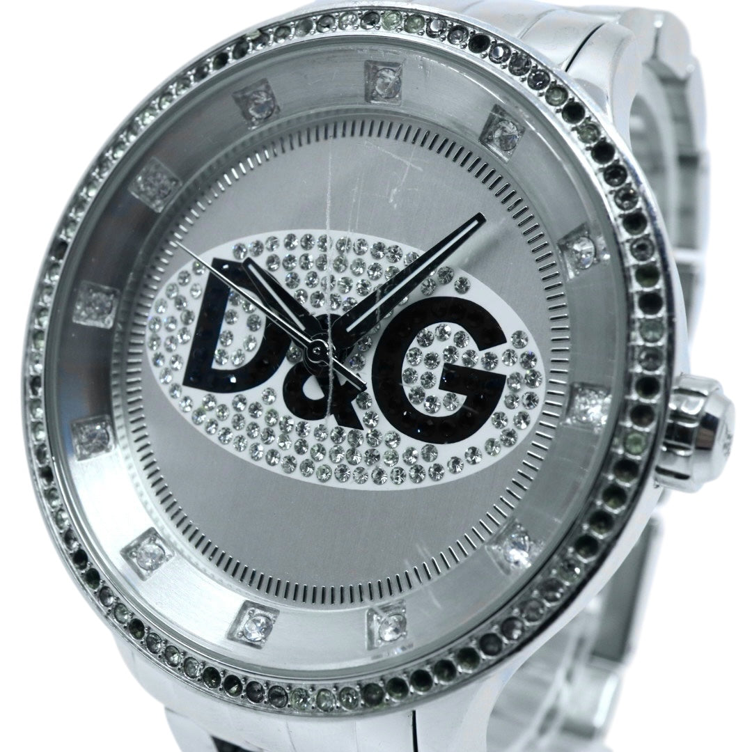 【電池交換済】D&G ドルチェ＆ガッバーナ 腕時計 ラインストーン D&Gロゴ メンズ レディース ユニセックス クオーツ アナログ シルバー ブレスレットウォッチ ドレスウォッチ ゴージャス エレガント ラグジュアリー クリーニング済み G2
