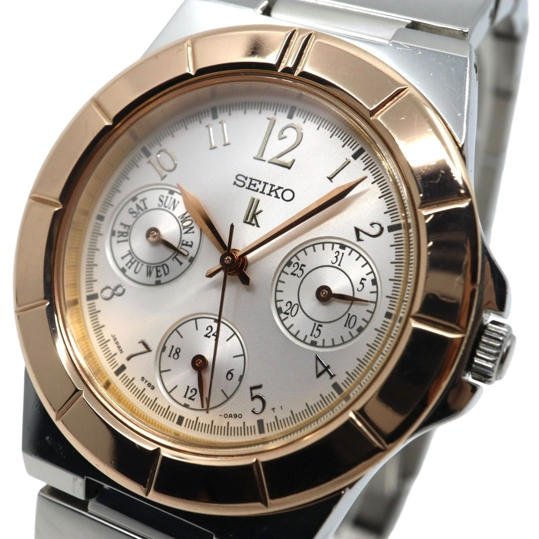 美品 【電池交換済】セイコー ルキア 腕時計 5Y89-0B30 レディース クオーツ デイデイト カレンダー 24時間計 シルバー ピンクゴールド コンビカラー ビジネス フォーマル ドレスウォッチ エレガント 上品 オフィス 日本製 クリーニング済み G2
