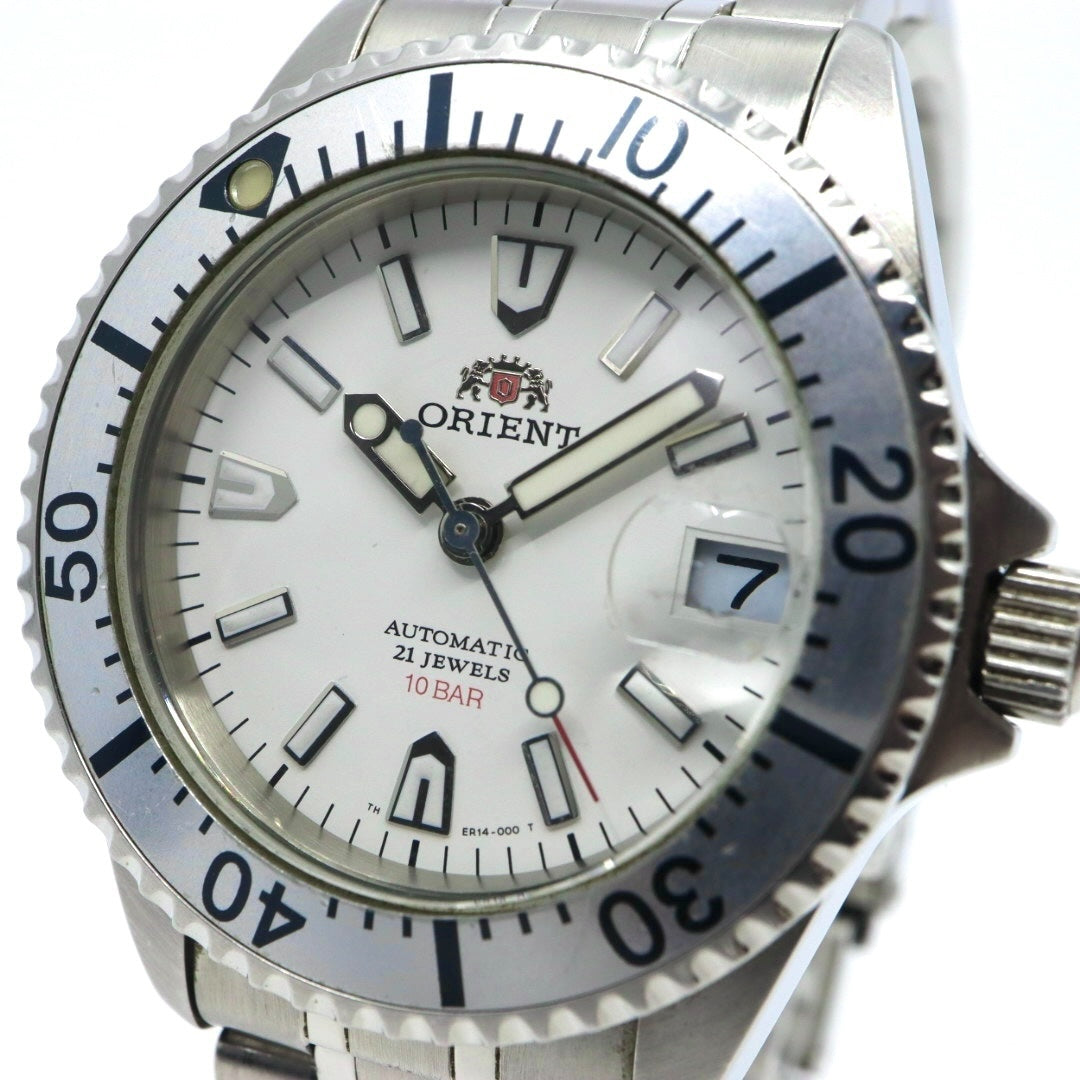 【美品】 orient オリエント キングマスター 腕時計 ER14-C2 自動巻き 21石 ダイバーズデザイン 10気圧防水 メンズ アナログ ホワイトダイヤル シルバー 回転ベゼル スポーツウォッチ ステンレス G2