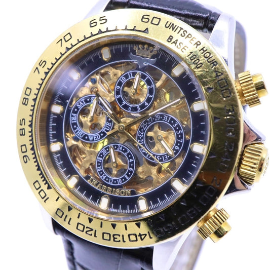 【極美品】ジョン・ハリソン J.Harrison 腕時計 JH-003C スケルトン 自動巻き ゴールド ブラック メンズ レザーベルト アナログ タキメーターベゼル シースルーバック クラシック ゴージャスデザイン G2