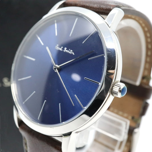 美品 【電池交換済】ポールスミス Paul Smith 腕時計 The City 1009 メンズ クオーツ アナログ ブルーダイヤル ブラウンレザーベルト シルバーケース シンプル クラシック ビジネス ドレスウォッチ エレガント クリーニング済み G2