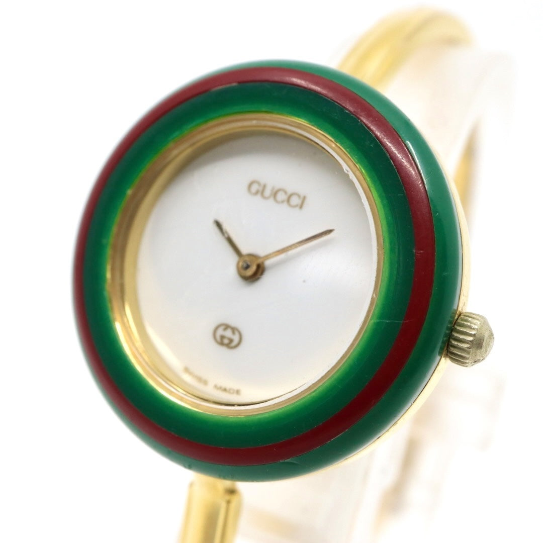 【美品/電池交換済】グッチ GUCCI チェンジベゼル 11/12 腕時計 レディース クオーツ バングルウォッチ ゴールド ヴィンテージ アンティーク シェリーラインベゼル クラシック エレガント アイコン 人気モデル クリーニング済み G3