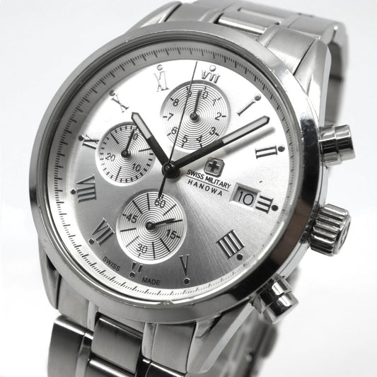 【電池交換済】スイスミリタリー ハノワ 腕時計 06-5219 クロノグラフ メンズ クオーツ シルバー文字盤 デイト表示 アナログ ローマンインデックス ビジネス カジュアル スポーツ エレガント スイス製 クリーニング済み G3