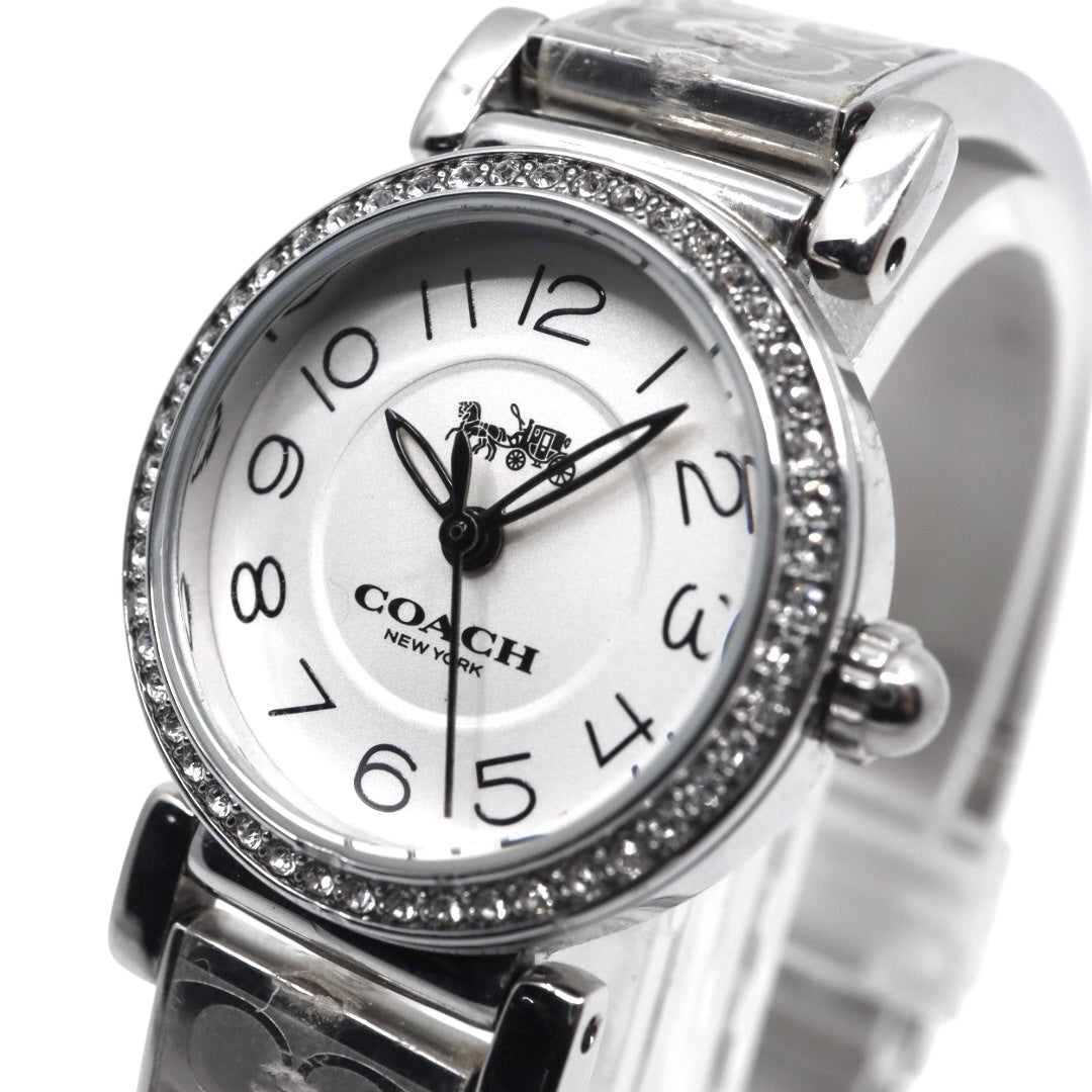 美品 電池交換済 コーチ COACH 腕時計 CA.66.7.95.1489S レディースウォッチ クォーツ ラインストーンベゼル シルバー ホワイト文字盤 シグネチャー柄ブレスレット アナログ エレガント クラシック ドレスウォッチ 稼働品 G3