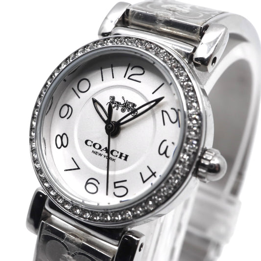 美品 電池交換済 コーチ COACH 腕時計 CA.66.7.95.1489S レディースウォッチ クォーツ ラインストーンベゼル シルバー ホワイト文字盤 シグネチャー柄ブレスレット アナログ エレガント クラシック ドレスウォッチ 稼働品 G3