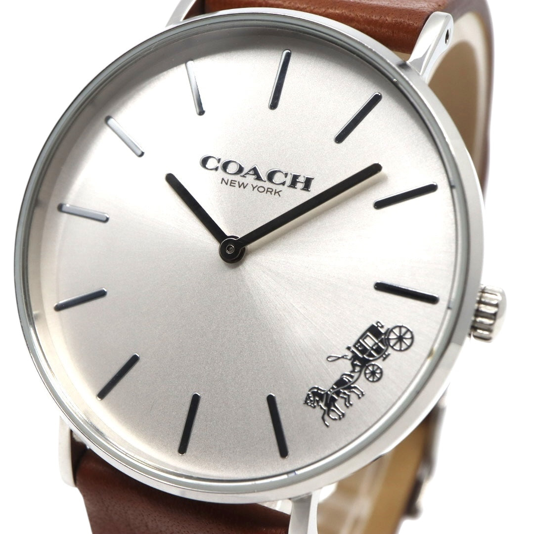 未使用級 美品 電池交換済 コーチ COACH ペリー PERRY 腕時計 CA.120.7.14.1596 レディースウォッチ クォーツ シルバー文字盤 ブラウン レザーベルト アナログ シンプル エレガント クラシック ビジネス 普段使い 稼働品 G3