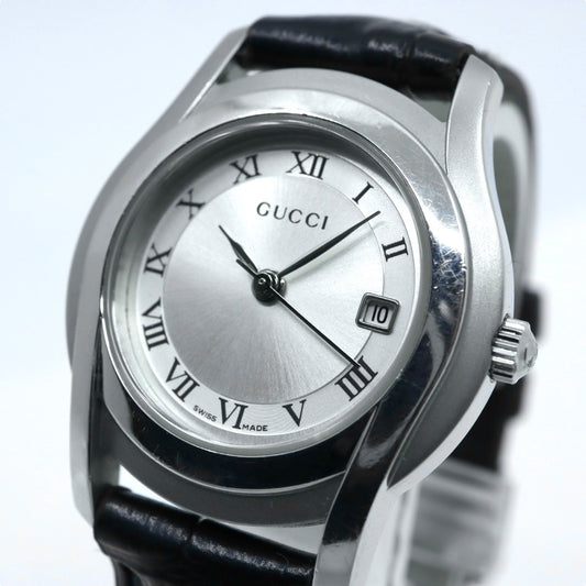 極美品 電池交換済 新品ベルト　グッチ GUCCI 5500L 腕時計 レディースウォッチ クォーツ シルバー文字盤 ローマンインデックス デイト表示 ステンレススチール レザーベルト クラシック エレガント ドレスウォッチ 稼働品 G3