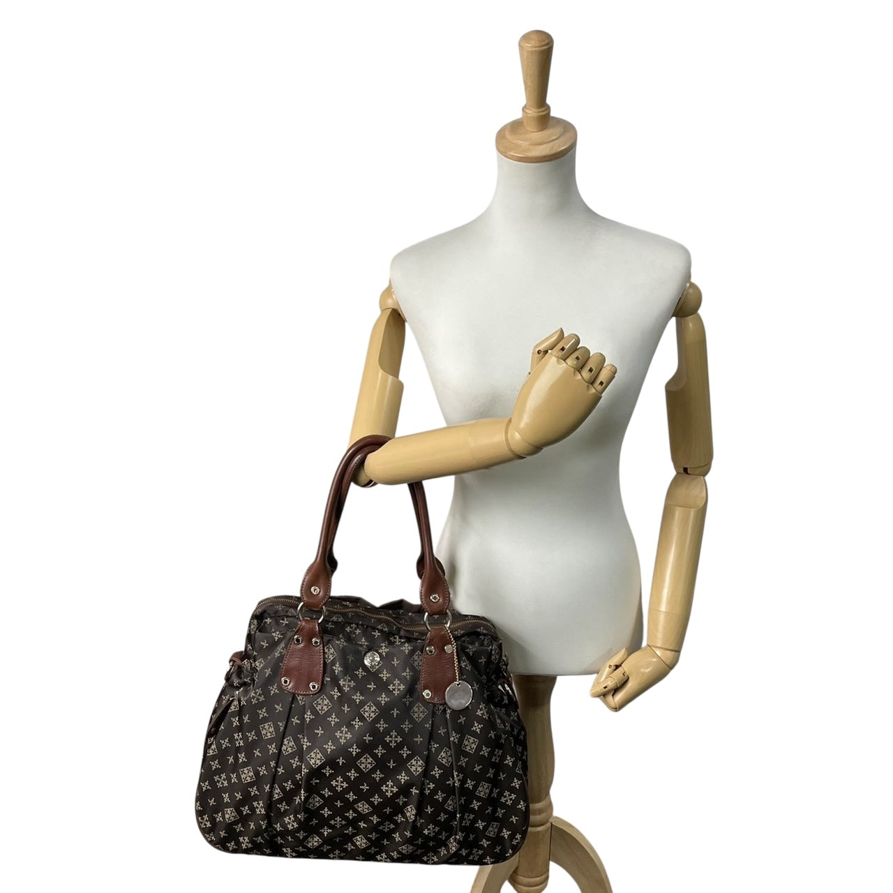 ラシット　ボストンバッグ　茶　モノグラム　A4収納　ナイロン　ワンショル　s3　2way　トートバッグ　ハンドバッグ　ショルダーバッグ　斜め掛け可　肩掛け可　肩かけ可　ブラウン　レザー　本革　ゴールド金具　チャーム付き　russet