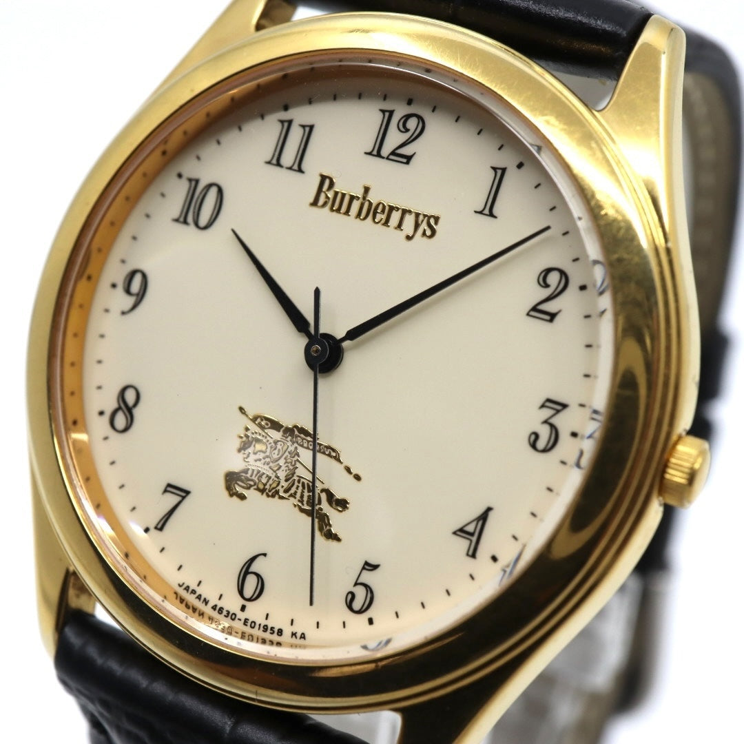 【美品 電池交換済 新品ベルト】バーバリー Burberrys 腕時計 4631-E66076 TA メンズウォッチ クォーツ ゴールドケース アイボリー文字盤 ブラックレザー アナログ クラシック ビンテージ ドレスウォッチ エレガント 稼働品 G3