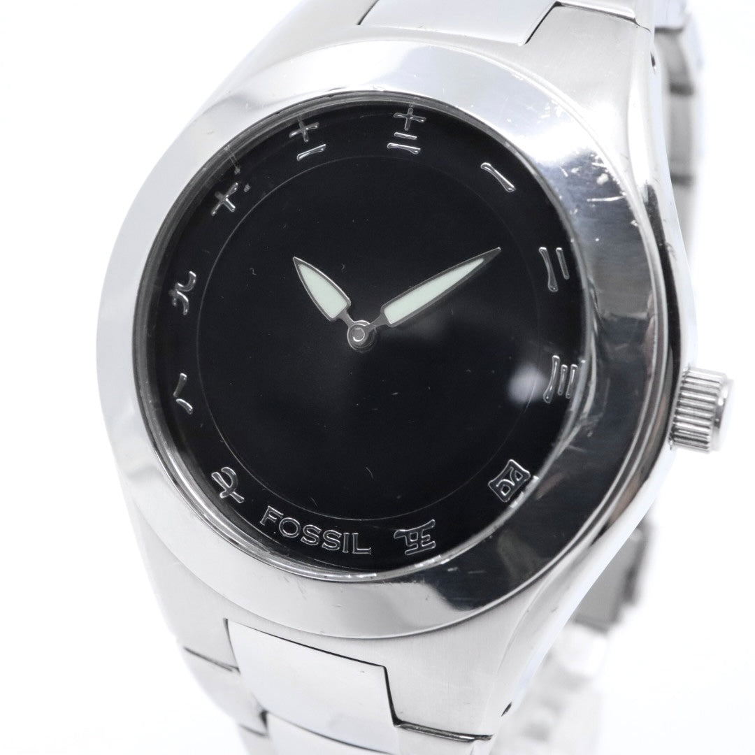 美品 電池交換済 クリーニング済 フォッシル FOSSIL 腕時計 BG-1055 メンズウォッチ クォーツ 漢数字インデックス シルバー ブラック ステンレススチール アナログ ユニークデザイン カジュアル 稼働品 G3