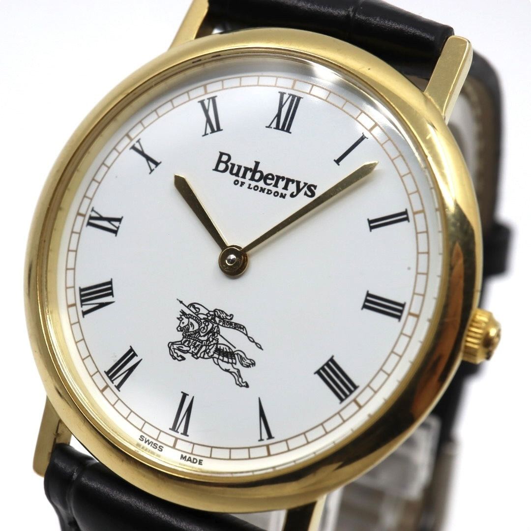 美品 電池交換済 新品ベルト バーバリー Burberrys 6000G 腕時計 メンズウォッチ クォーツ ゴールド ホワイト文字盤 ローマンインデックス ホースロゴ クラシック ヴィンテージ エレガント ドレスウォッチ 稼働品 G3