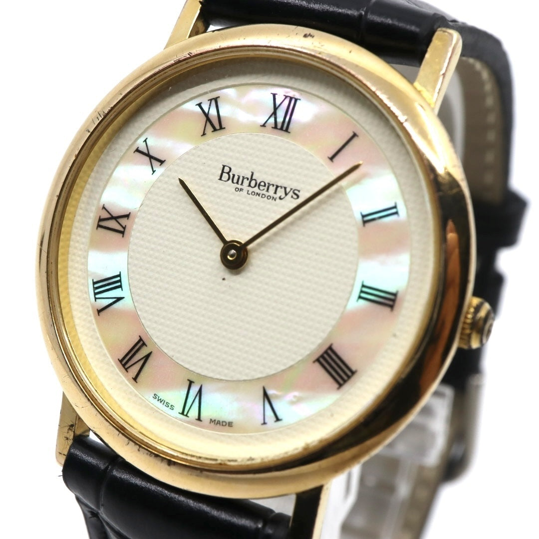 美品 電池交換済 新品ベルト バーバリー Burberrys 6000G 腕時計 メンズウォッチ クォーツ ゴールド シェル文字盤 アイボリー ローマンインデックス クラシック ヴィンテージ エレガント ドレスウォッチ 稼働品 G3