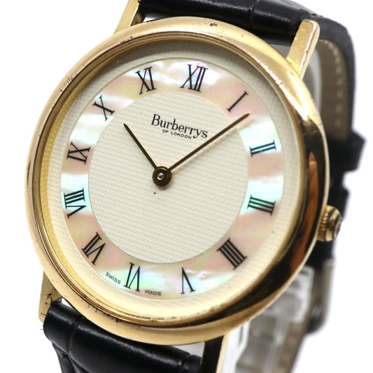 美品 電池交換済 新品ベルト バーバリー Burberrys 6000G 腕時計 メンズウォッチ クォーツ ゴールド シェル文字盤 アイボリー ローマンインデックス クラシック ヴィンテージ エレガント ドレスウォッチ 稼働品 G3