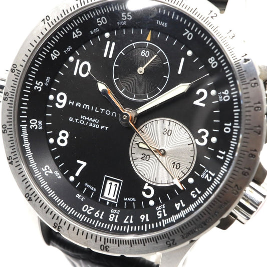 極美品 電池交換済 ハミルトン HAMILTON Estimate Time Over　カーキ E.T.O. H776120 腕時計 メンズ クロノグラフ クォーツ 黒文字盤 レザー アナログ アビエーション パイロットウォッチ スイス製 G3