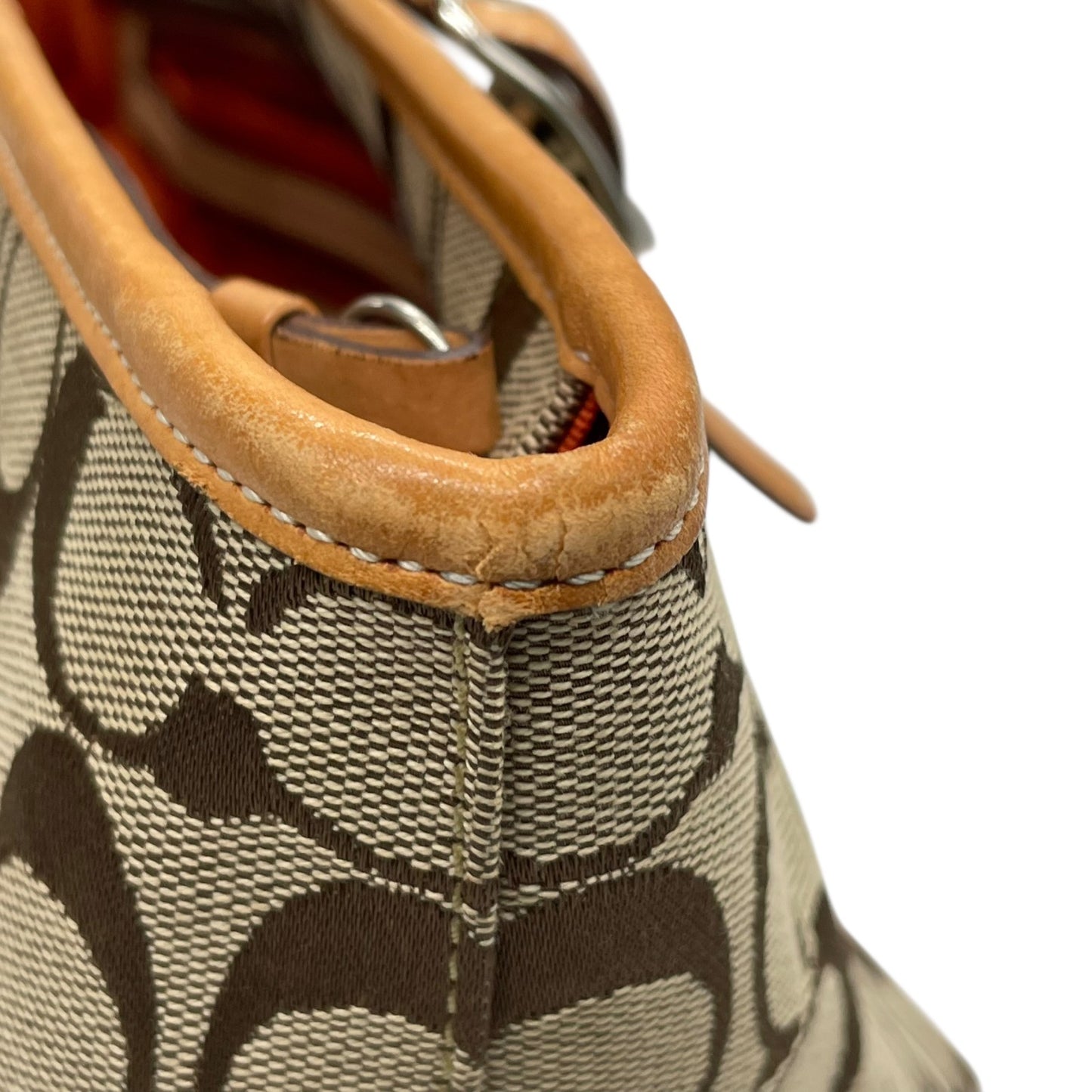 COACH コーチ シグネチャー キャンバス トートバッグ レザー 茶 ブラウン ベージュ シルバー金具 肩掛け可 ファスナー開閉 レディース S11