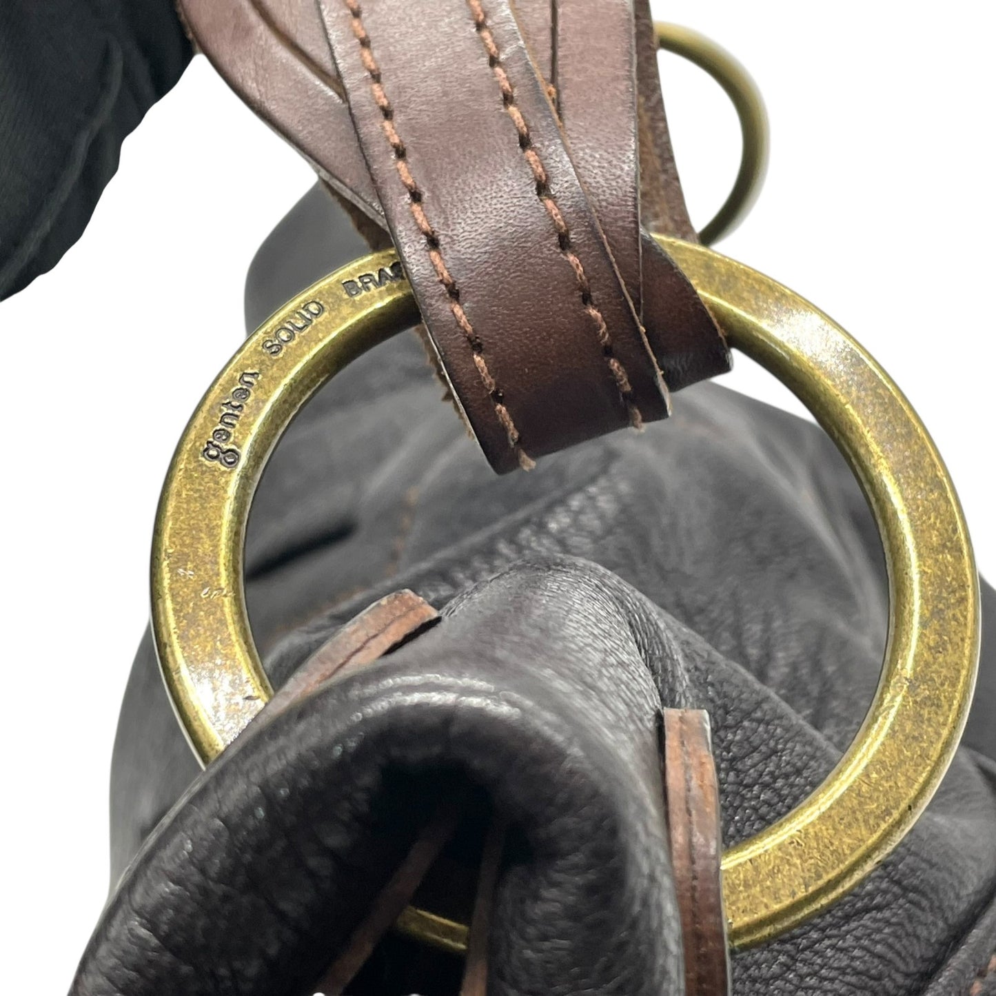 美品 genten ゲンテン ハンドバッグ 茶 ブラウン レザー ゴールド金具 ジグザグステッチ 横長 Y2K デザイン 手提げ コンパクト レディース バッグ U12